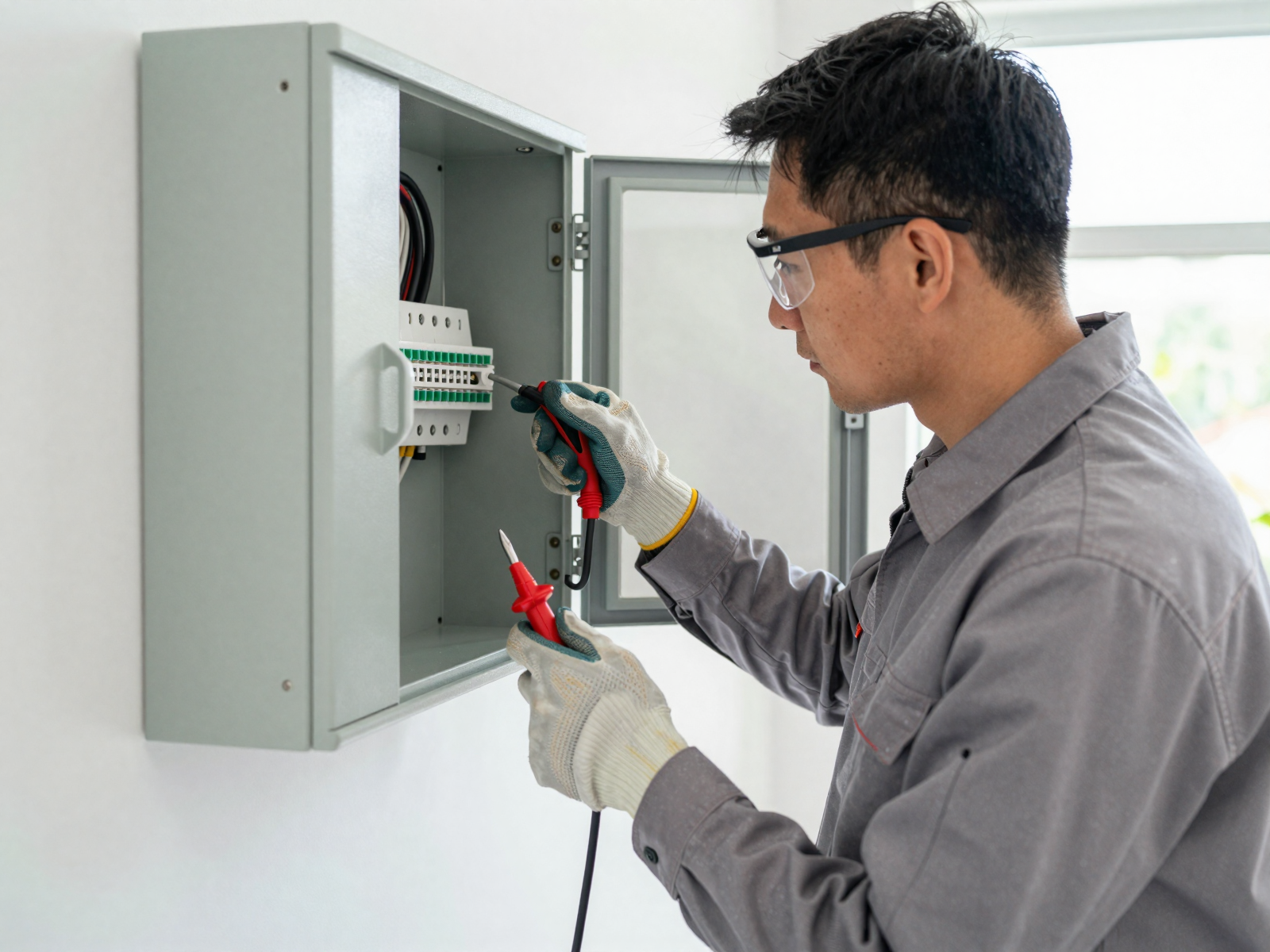 Electrician performing residential electrical work